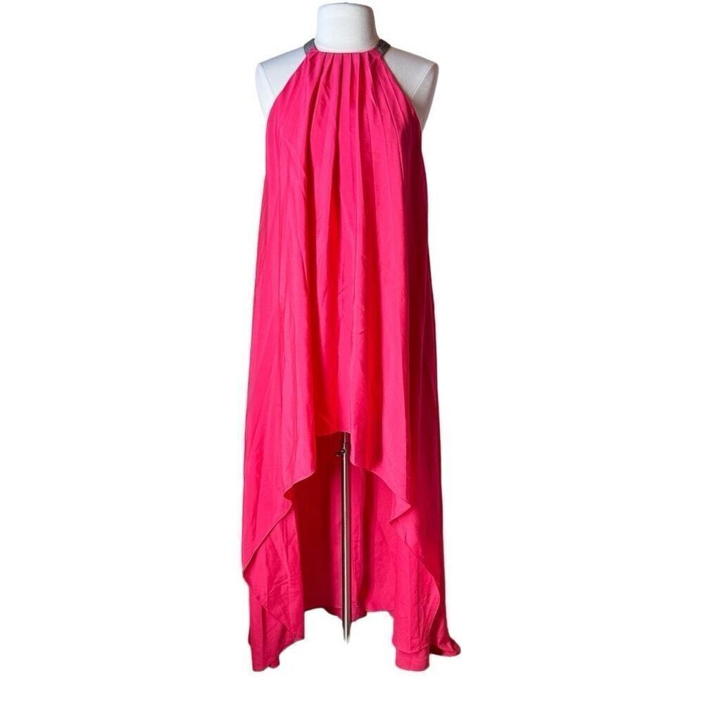 Halston Heritage Sunburst Pleat Halter Maxi Gown Chain & Hot Pink S - Picture 3 of 12